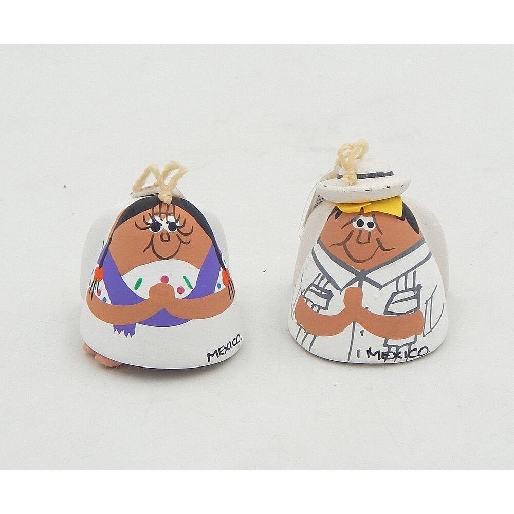 Mexico Clay Folk Art Praying Angel Bell Dangly Feet Christmas Ornaments S/2